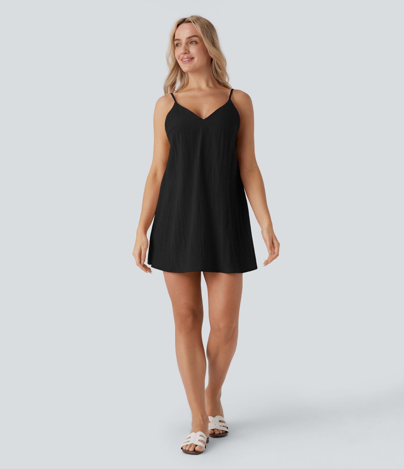 Robe courte aspect lin décolletée en V pour les vacances, à bretelles réglables, dos nu avec lien à nouer et poches latérales