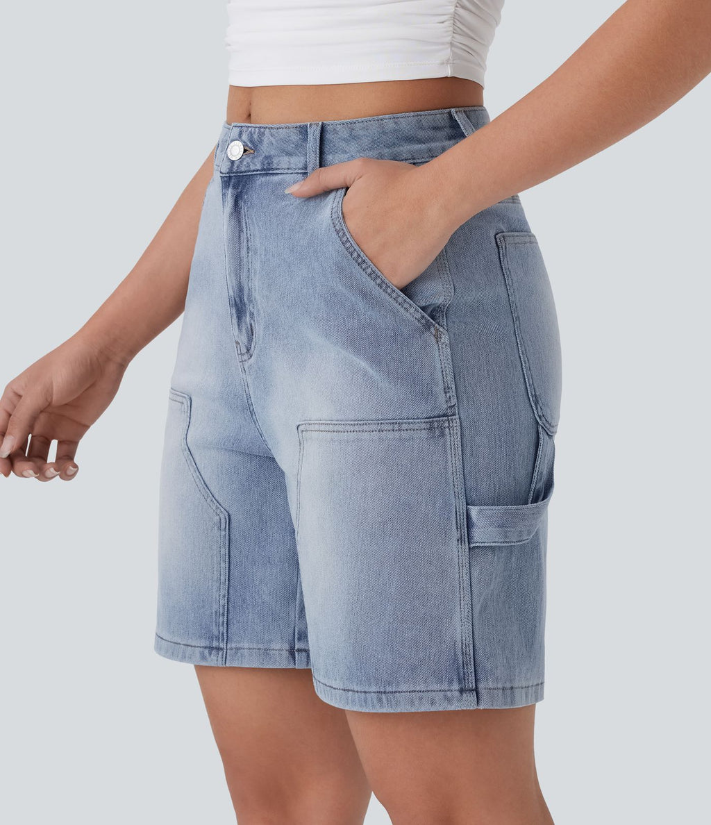 Short bermuda décontracté en denim extensible lavé Halara Flex™ taille mi-haute avec poches multiples