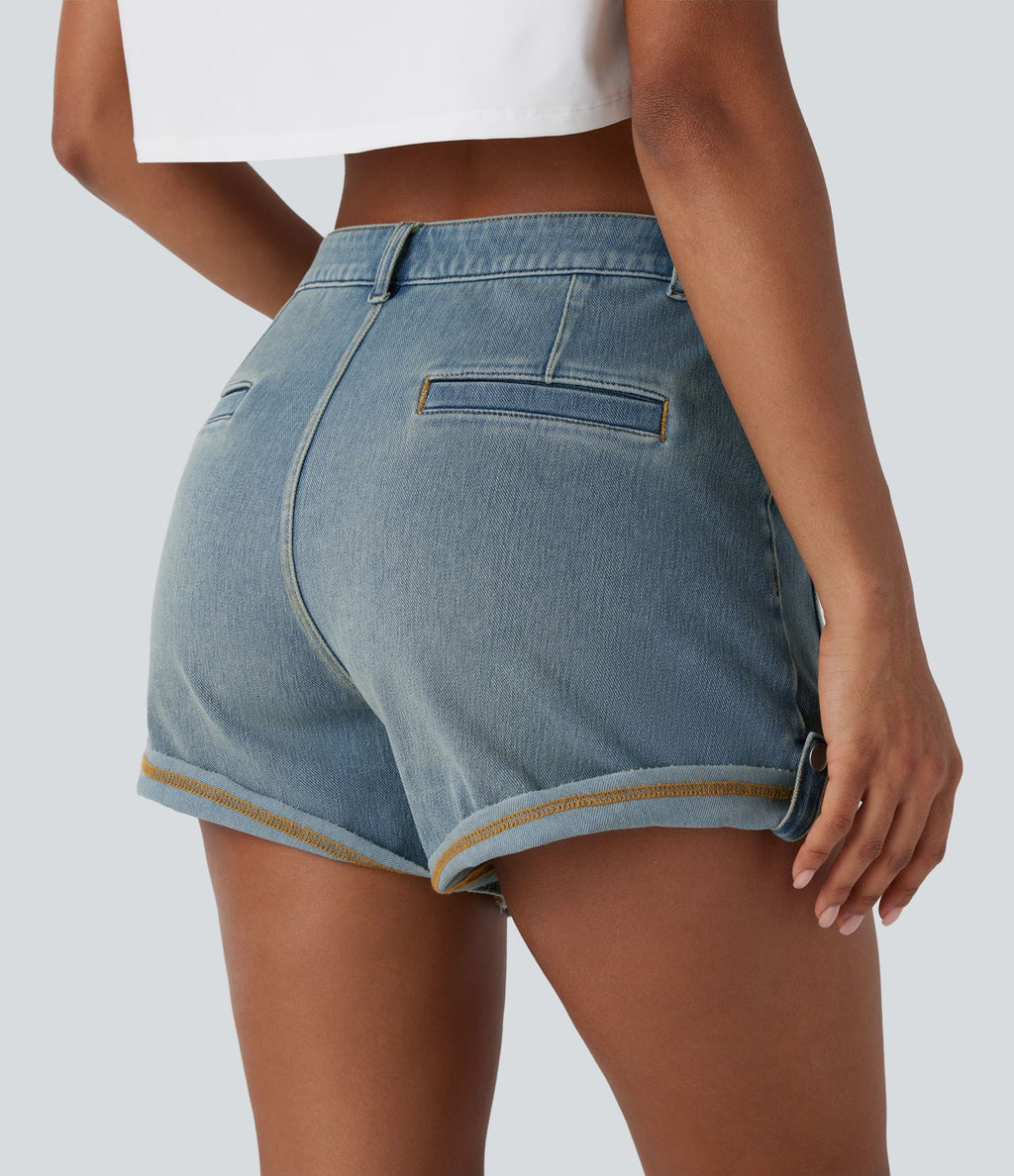 Short décontracté en jean extensible délavé Halara Flex™ taille moyenne avec revers et poches avant
