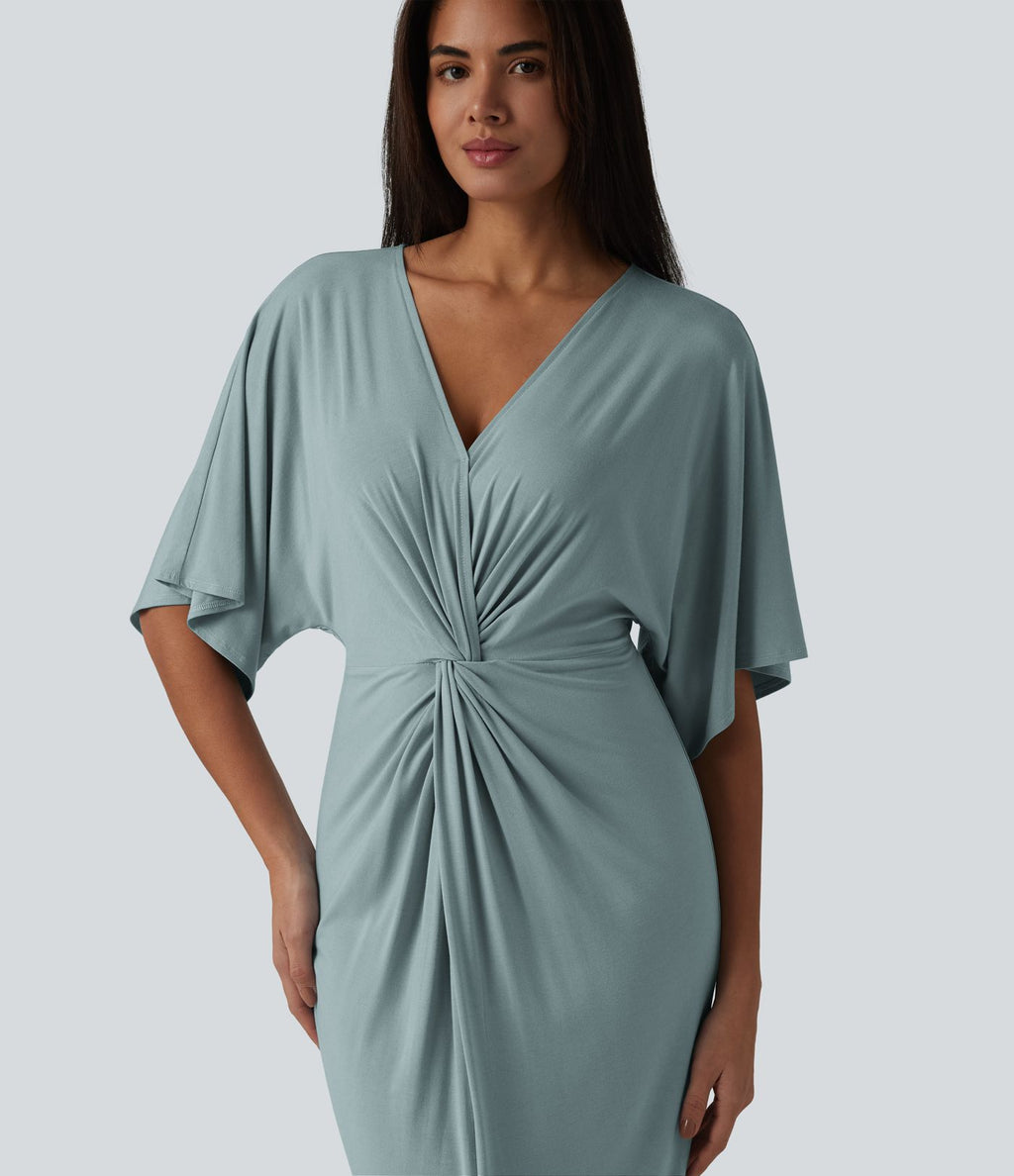 Robe midi col V manches chauve-souris ourlet tulipe torsadé