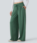 Pantalon large décontracté chiné taille mi-haute avec cordon et poches