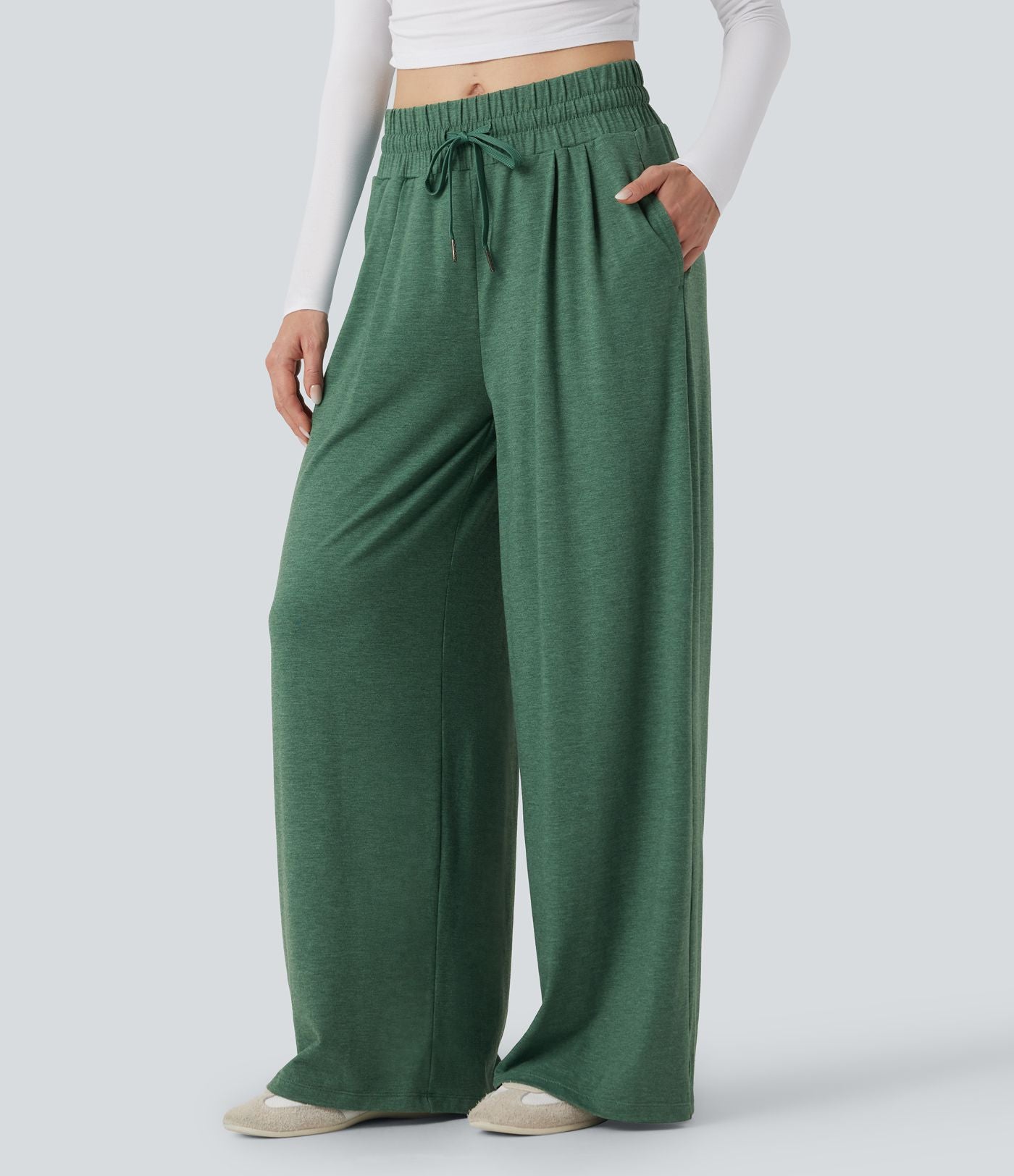 Pantalon large décontracté chiné taille mi-haute avec cordon et poches