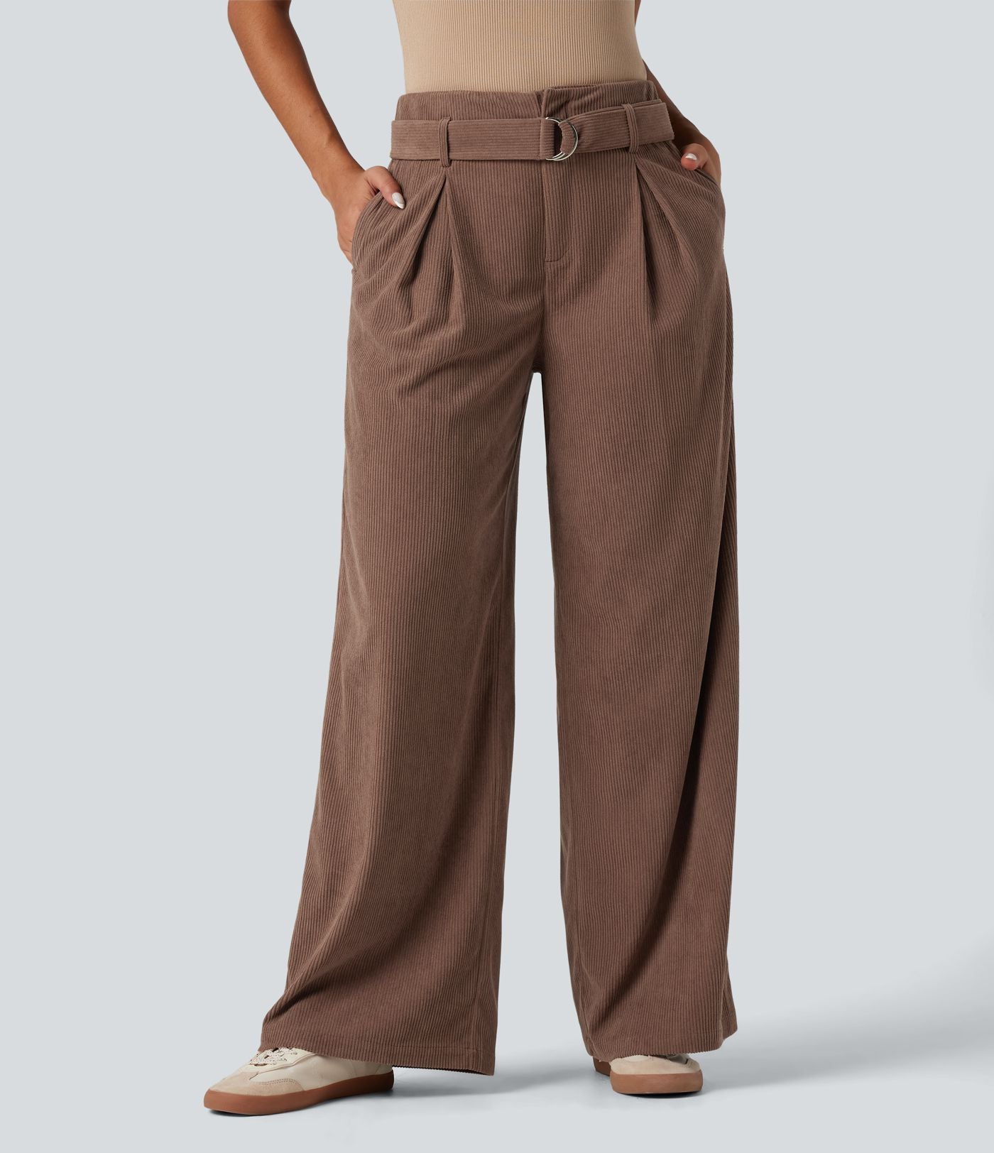 Pantalon décontracté large en velours côtelé avec ceinture, taille haute, avec poches