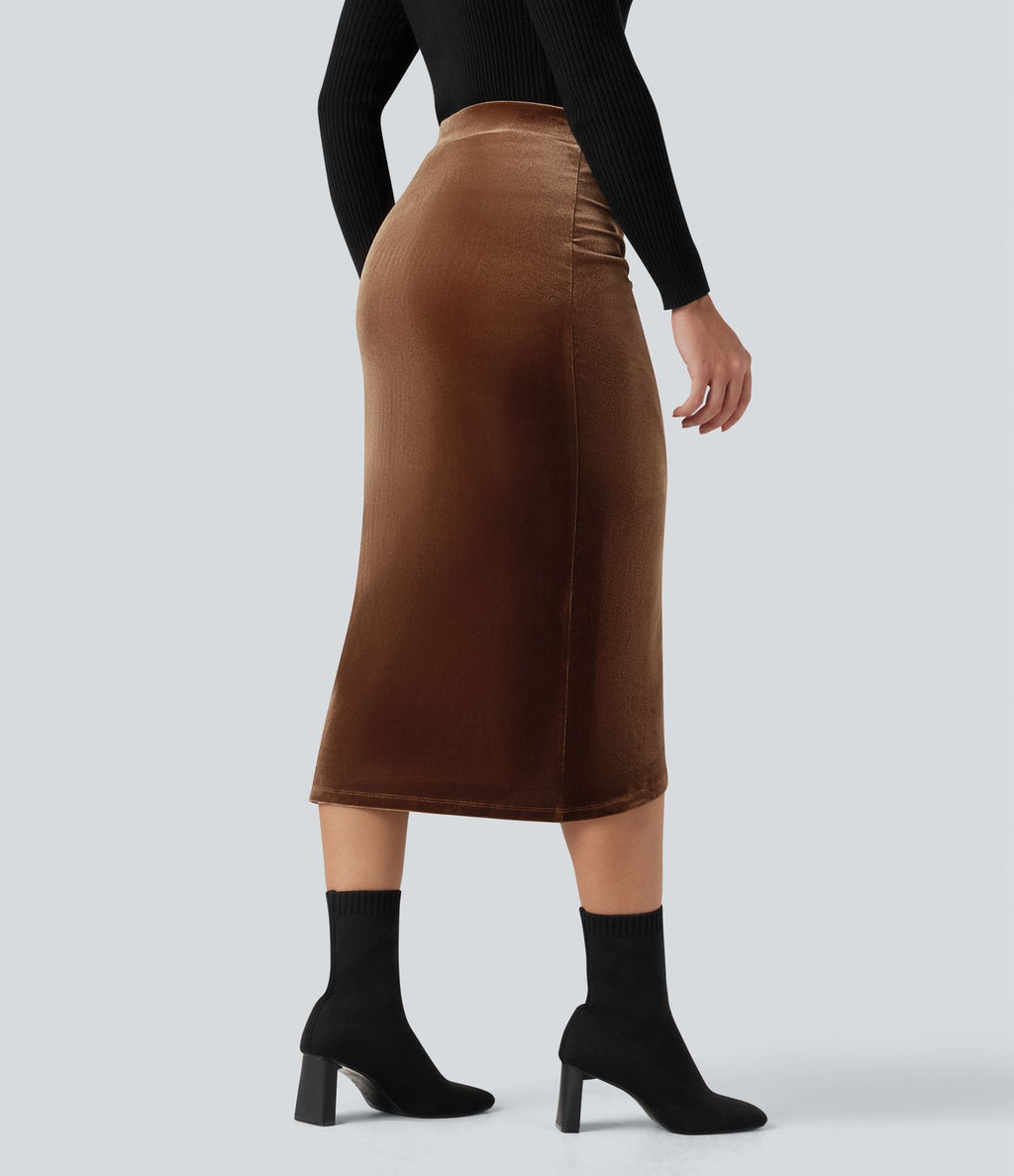 Jupe tulipe mi-longue velours taille haute