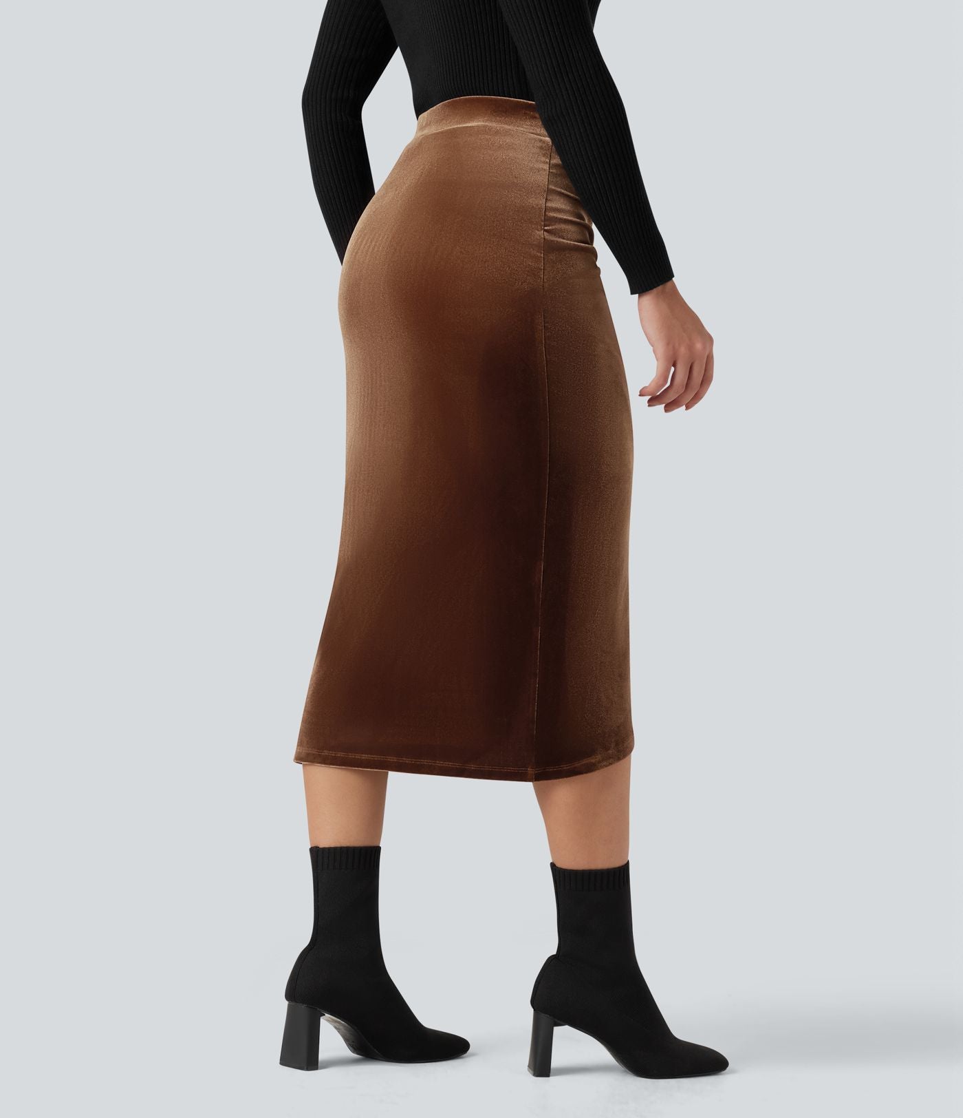 Jupe tulipe mi-longue velours taille haute