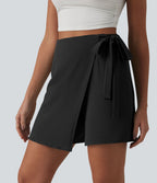 Jupe-short casual taille haute aspect lin avec lien noué sur le côté