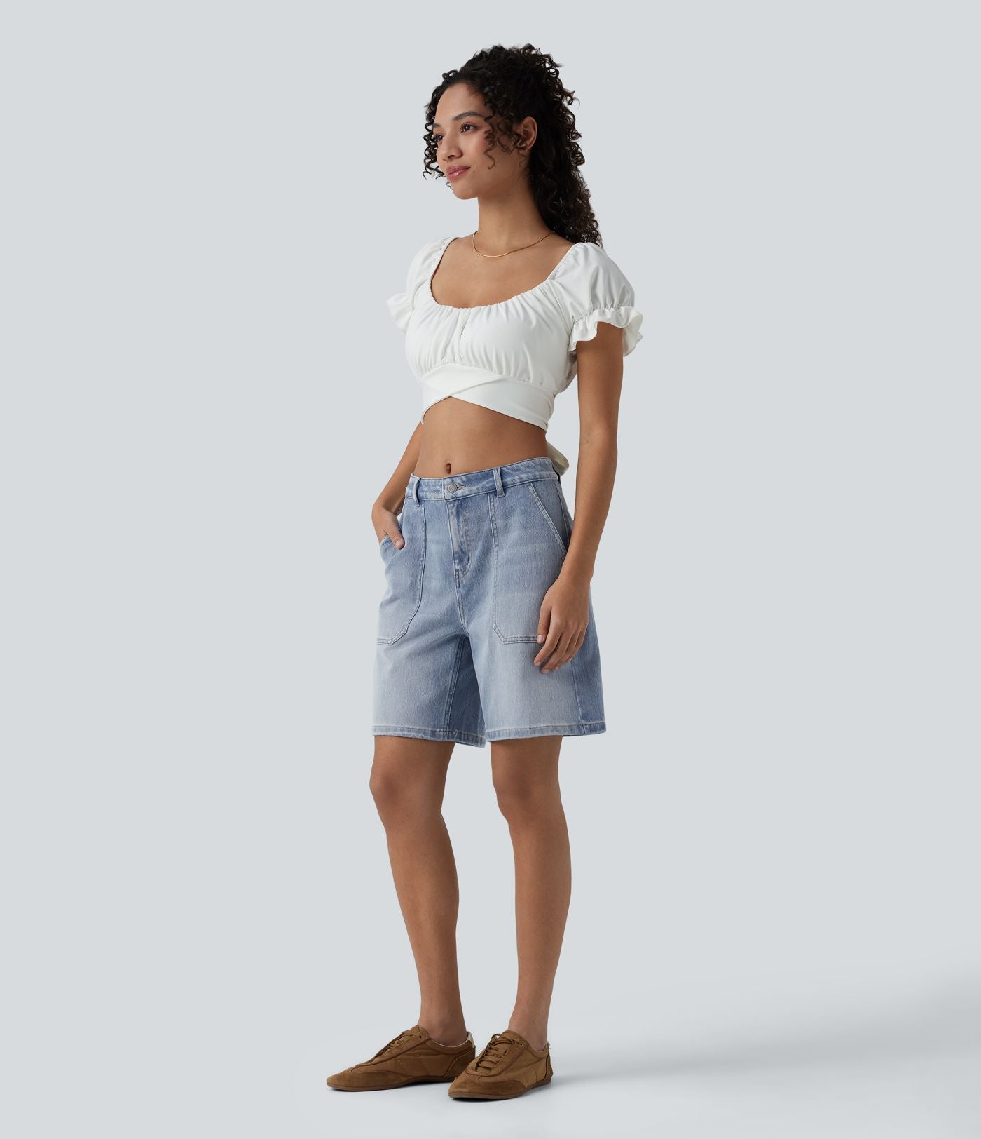 Short en jean Halara Flex™ mi-taille ample délavé décontracté avec poches