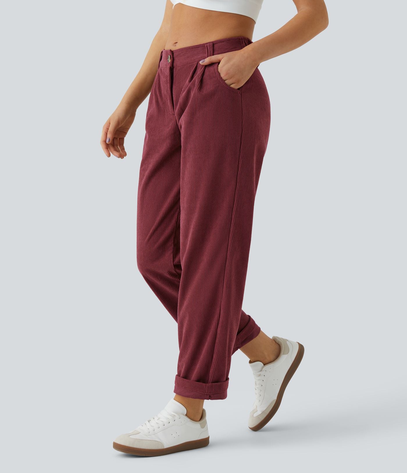 Pantalon en velours côtelé décontracté taille moyenne avec poches latérales