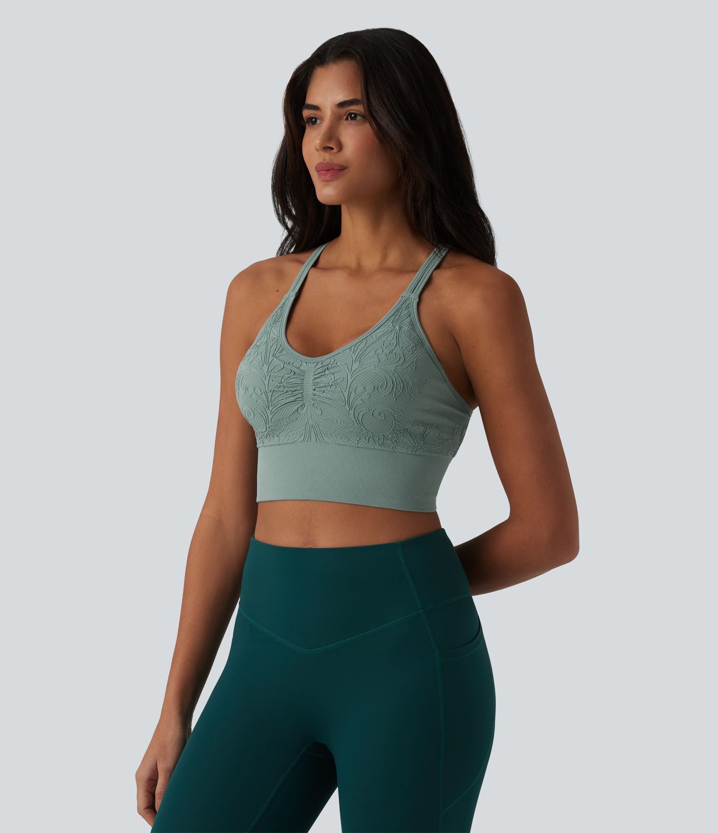 OneForm Débardeur court de yoga sans coutures jacquard dos nu croisé froncé soutien-gorge intégré