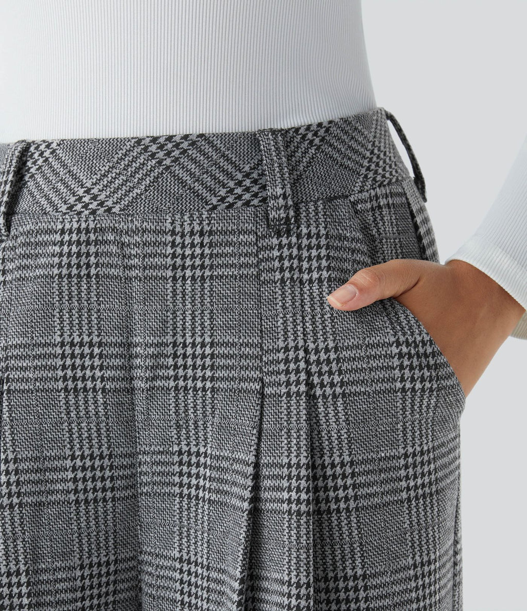 Pantalon taille haute décontracté large à carreaux, avec poches