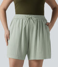 Short casual aspect lin grande taille taille haute avec cordon de serrage et poches