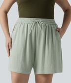Short casual aspect lin grande taille taille haute avec cordon de serrage et poches