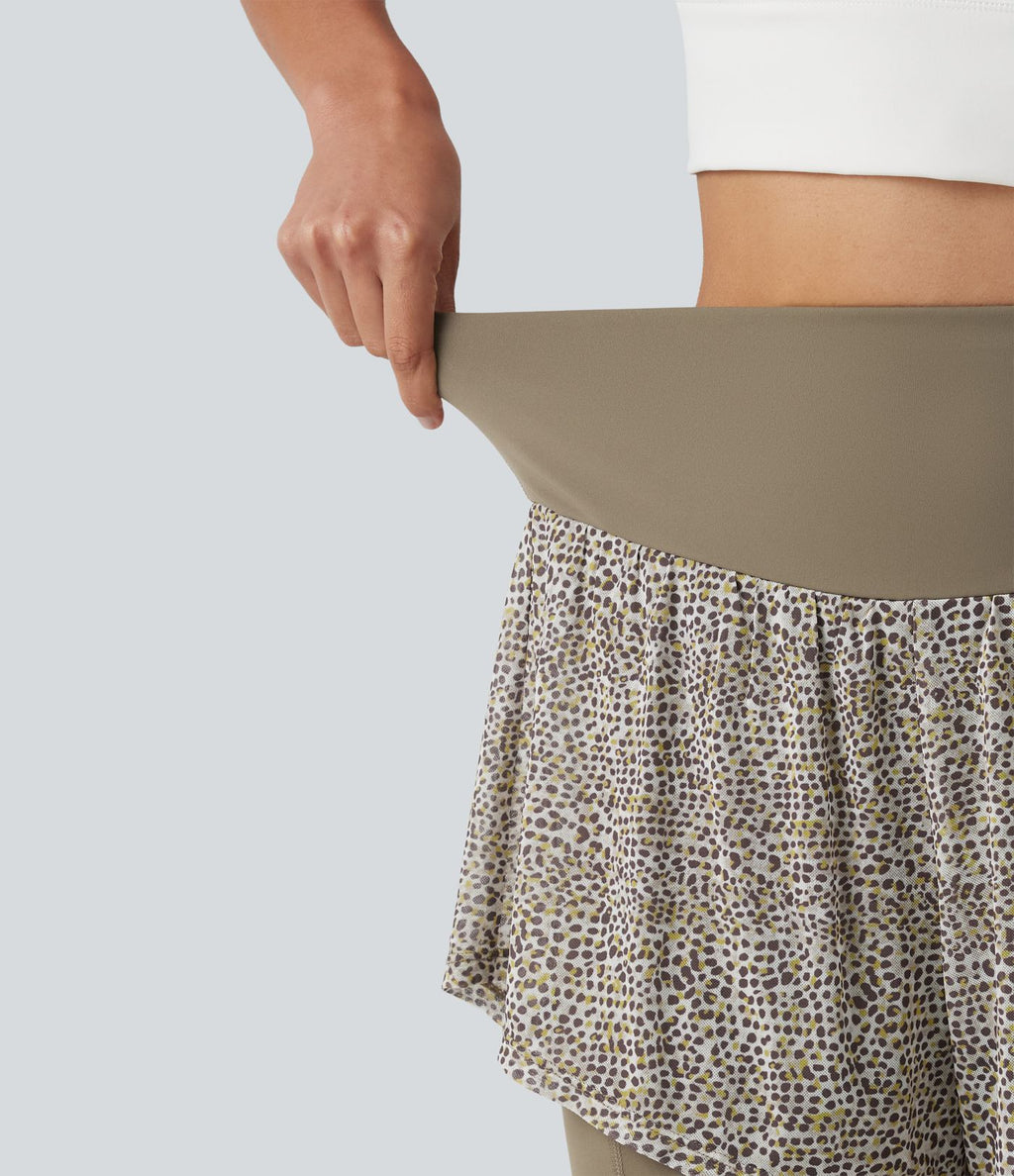 Short baggy de running 2-en-1 taille haute à imprimé léopard avec poches