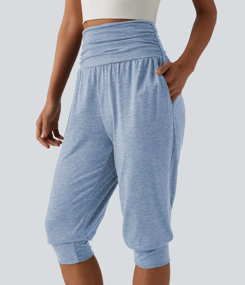 Jogging yoga corsaire chiné taille haute à fronces avec poches