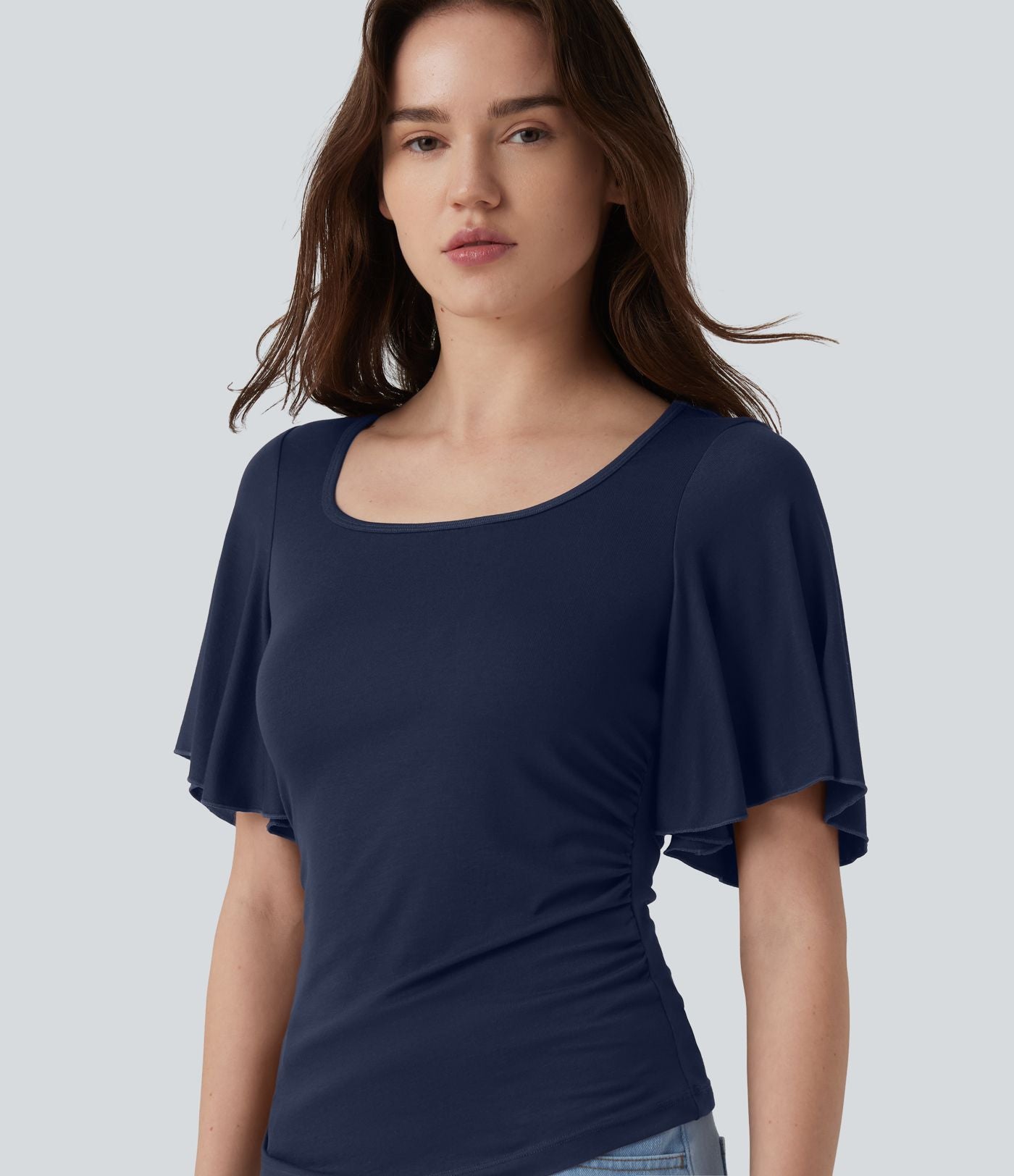 T-shirt décontracté maille côtelée col carré manches papillon froncé