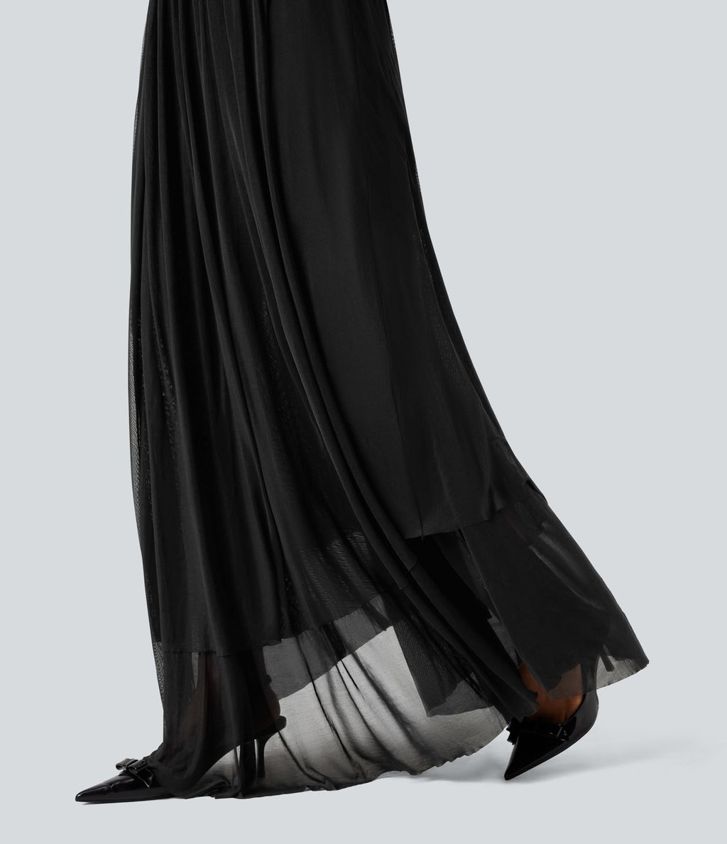 Robe longue à bretelles en résille superposée avec laçage et soutien-gorge intégré