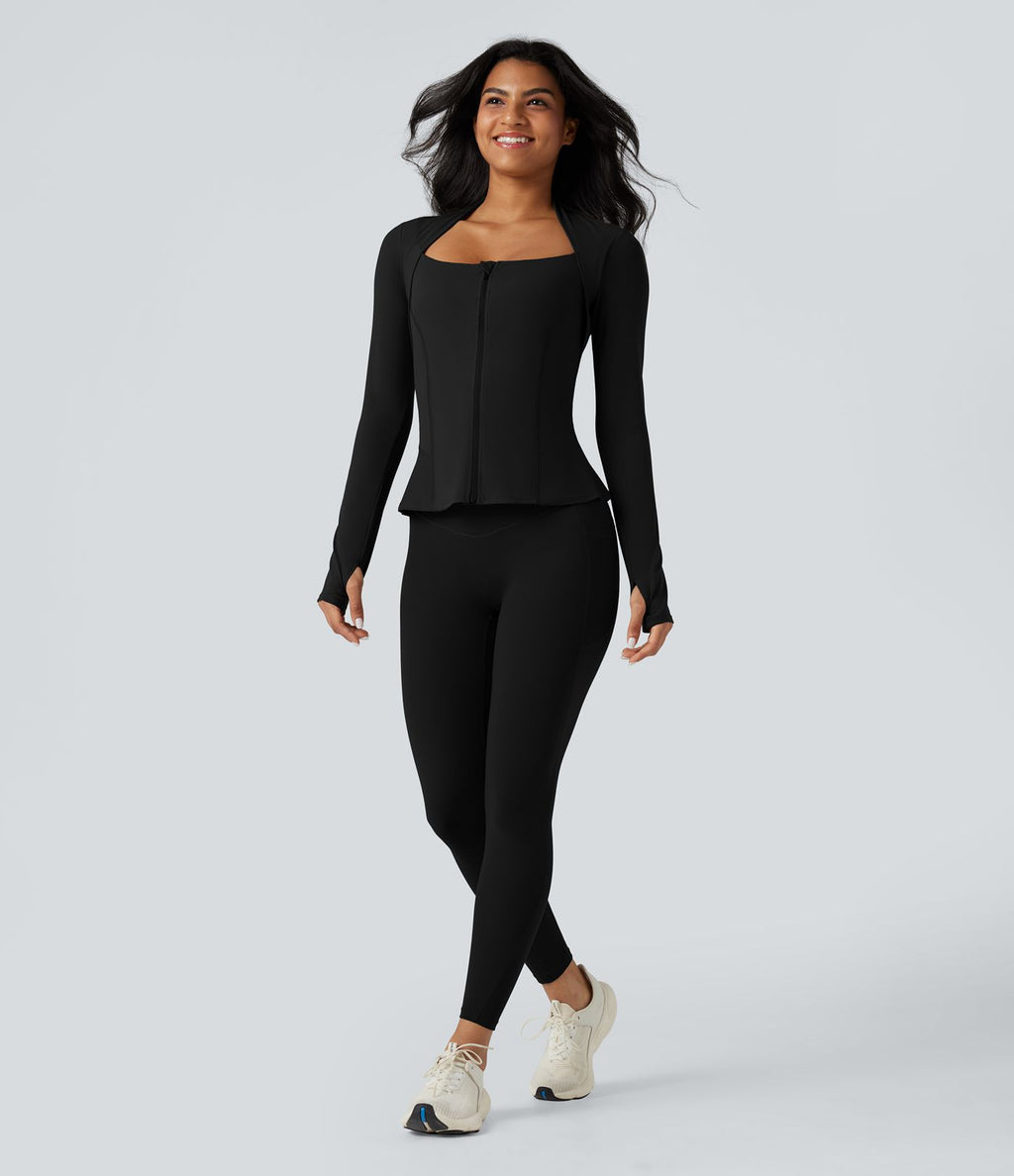 Veste yoga push-up zippée à manches longues avec passants pouces et ourlet à volants Halara UltraSculpt™