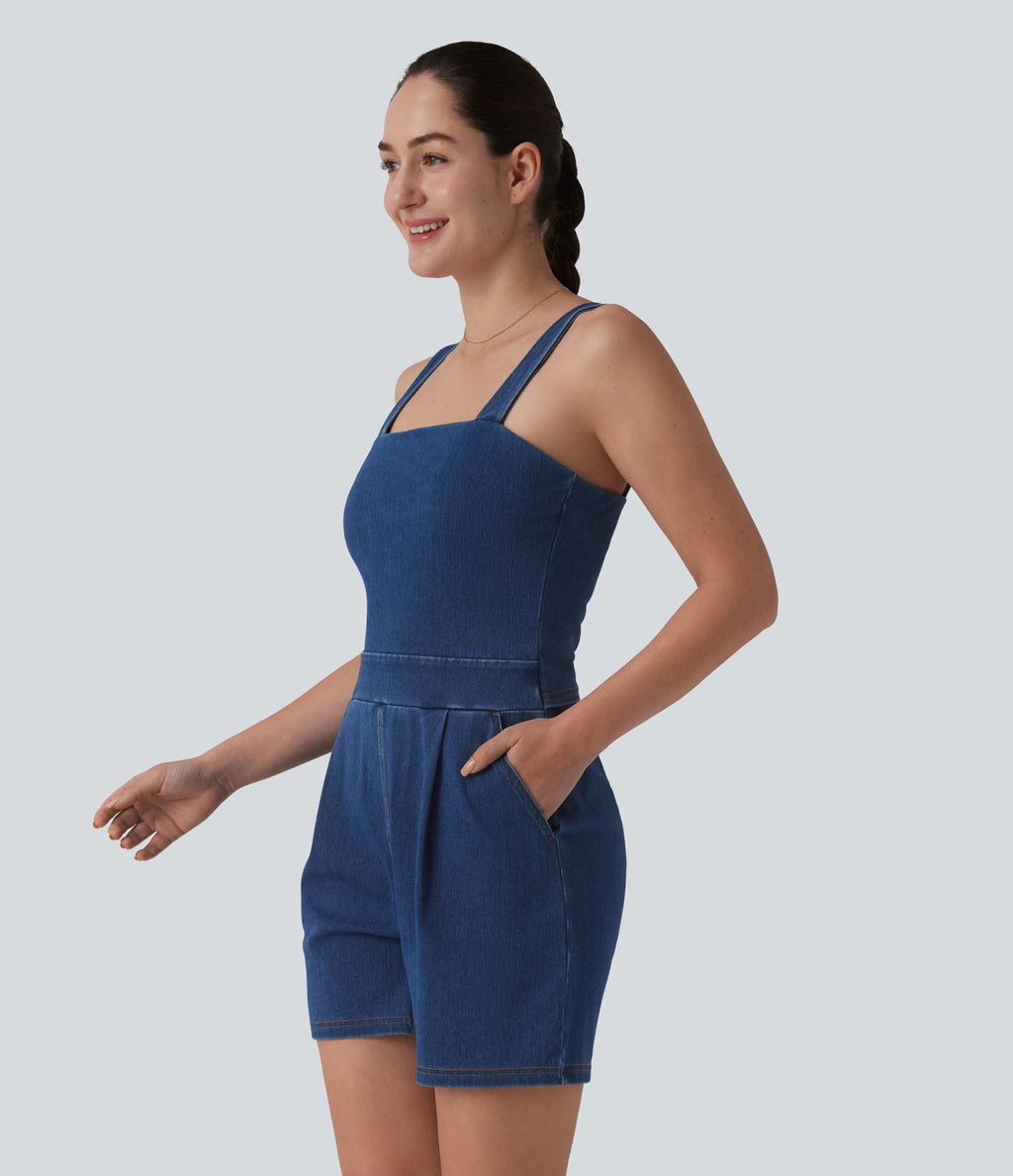 Halara Flex™ Combinaison short casual en denim sans manches à encolure carrée avec poches — Édition Easy Peasy