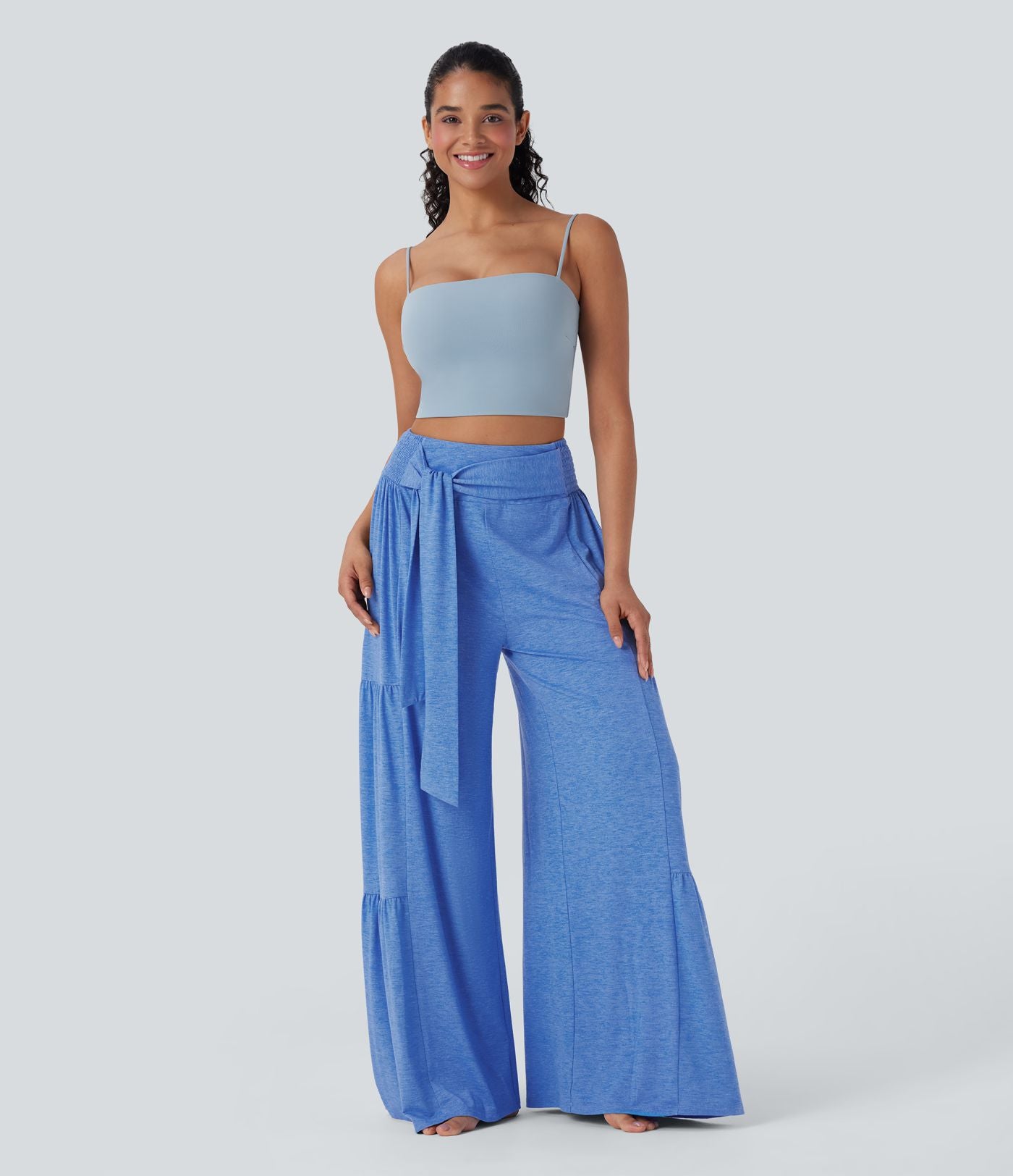 Pantalon danse large fluide taille haute smocké nœuds devant et dos