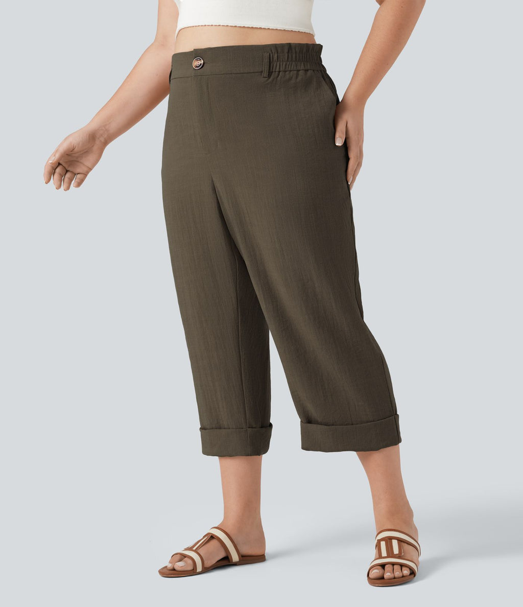 Pantalon de villégiature capri effet lin, grande taille, taille haute, avec poches