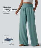 Pantalon ample taille haute ventre plat aspect lin avec fronces et poches
