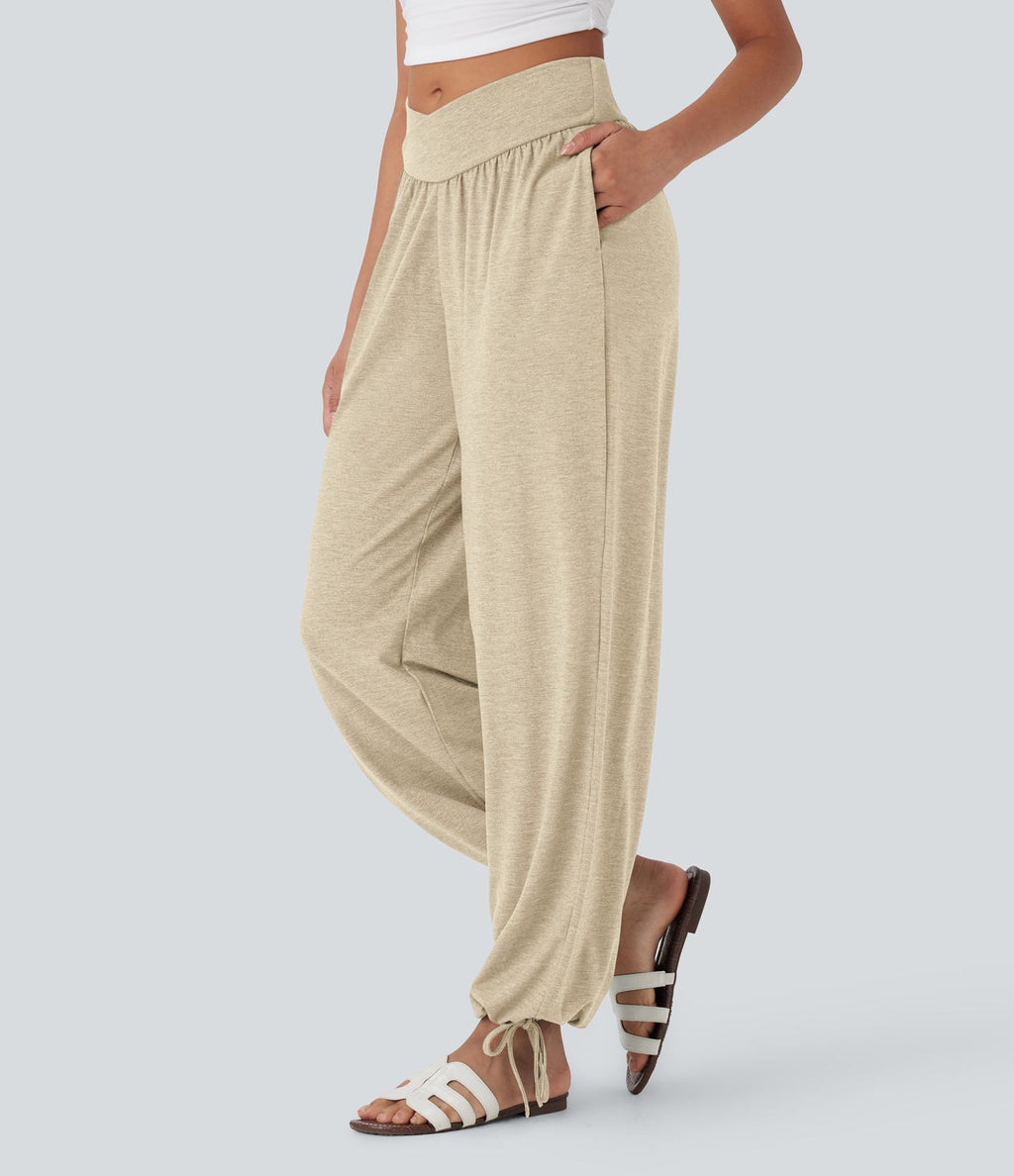 Pantalon de jogging décontracté à taille haute croisée avec poches latérales et cordon de serrage