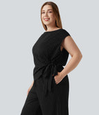 Combinaison grande taille rayée effet frais InstantCool à col bateau pour le bureau avec nœud sur le côté, poches et accès facile Easy Peasy