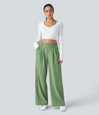 Halara Flex™ Pantalon Tailleur Large Fluide Gaufré Taille Haute Poches Latérales
