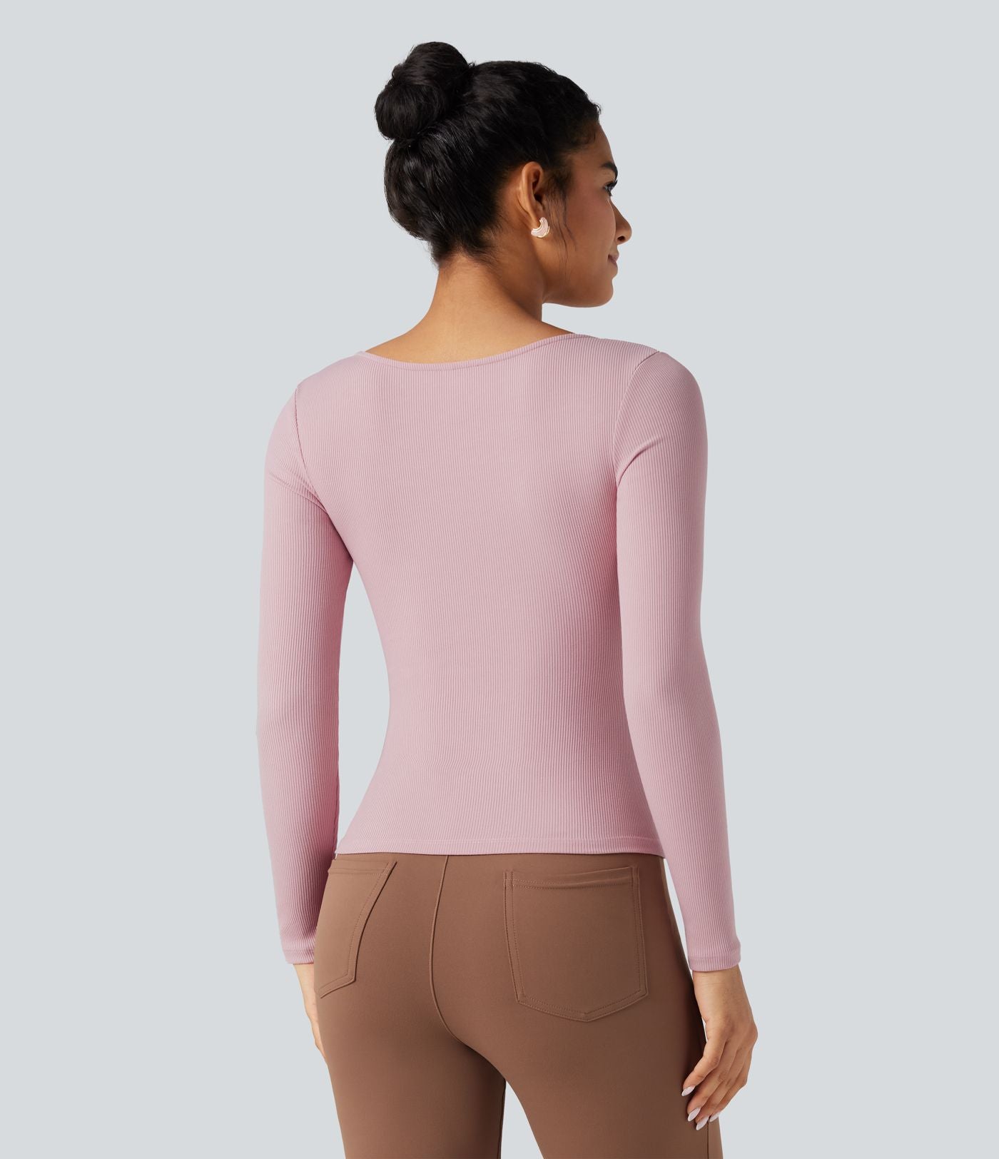 T-shirt tailleur côtelé col carré froncé manches longues