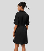 Robe-chemise décontractée à col, manches retroussables et ceinture