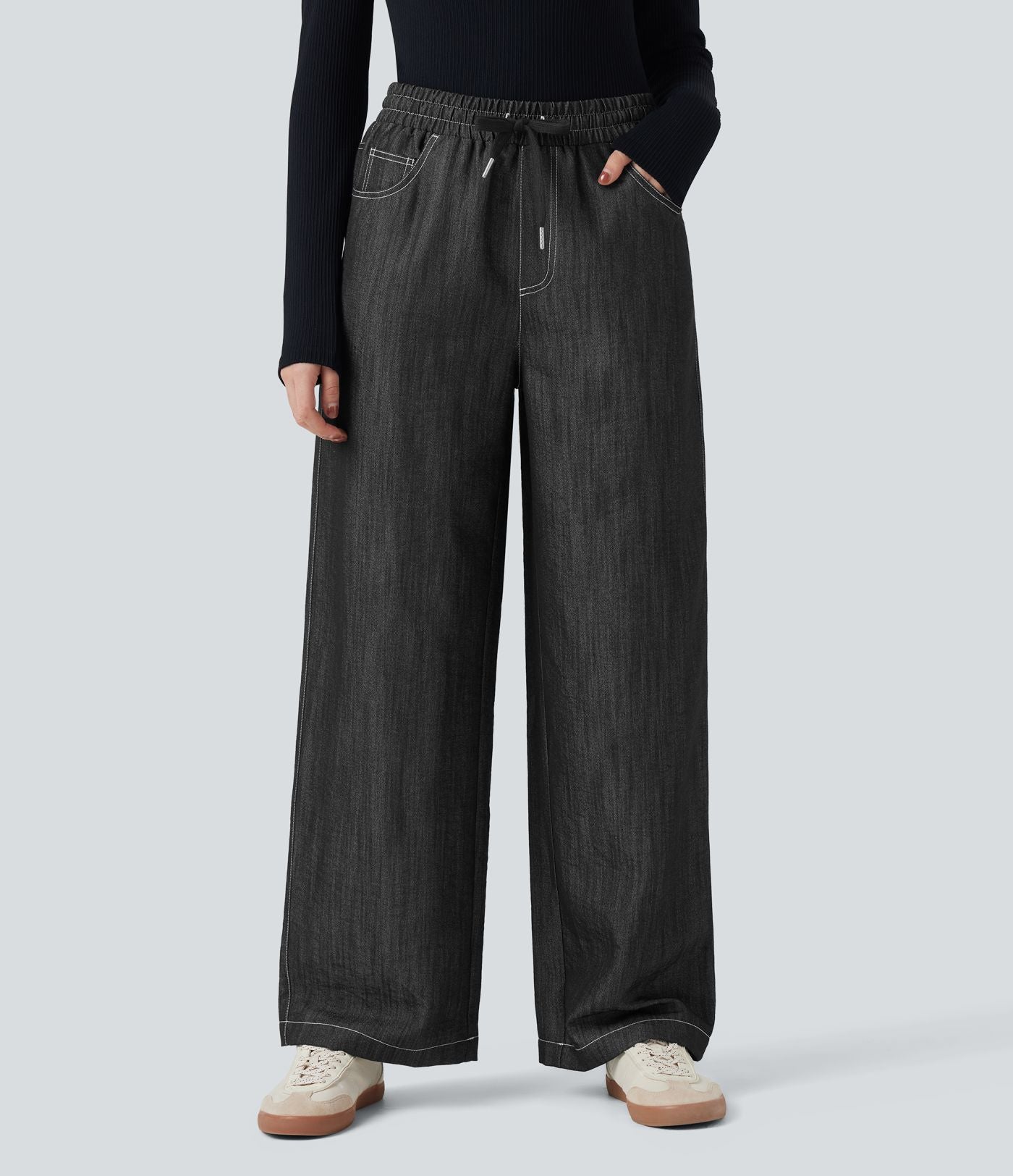 Pantalon décontracté large effet lin taille haute infroissable avec cordon et poches