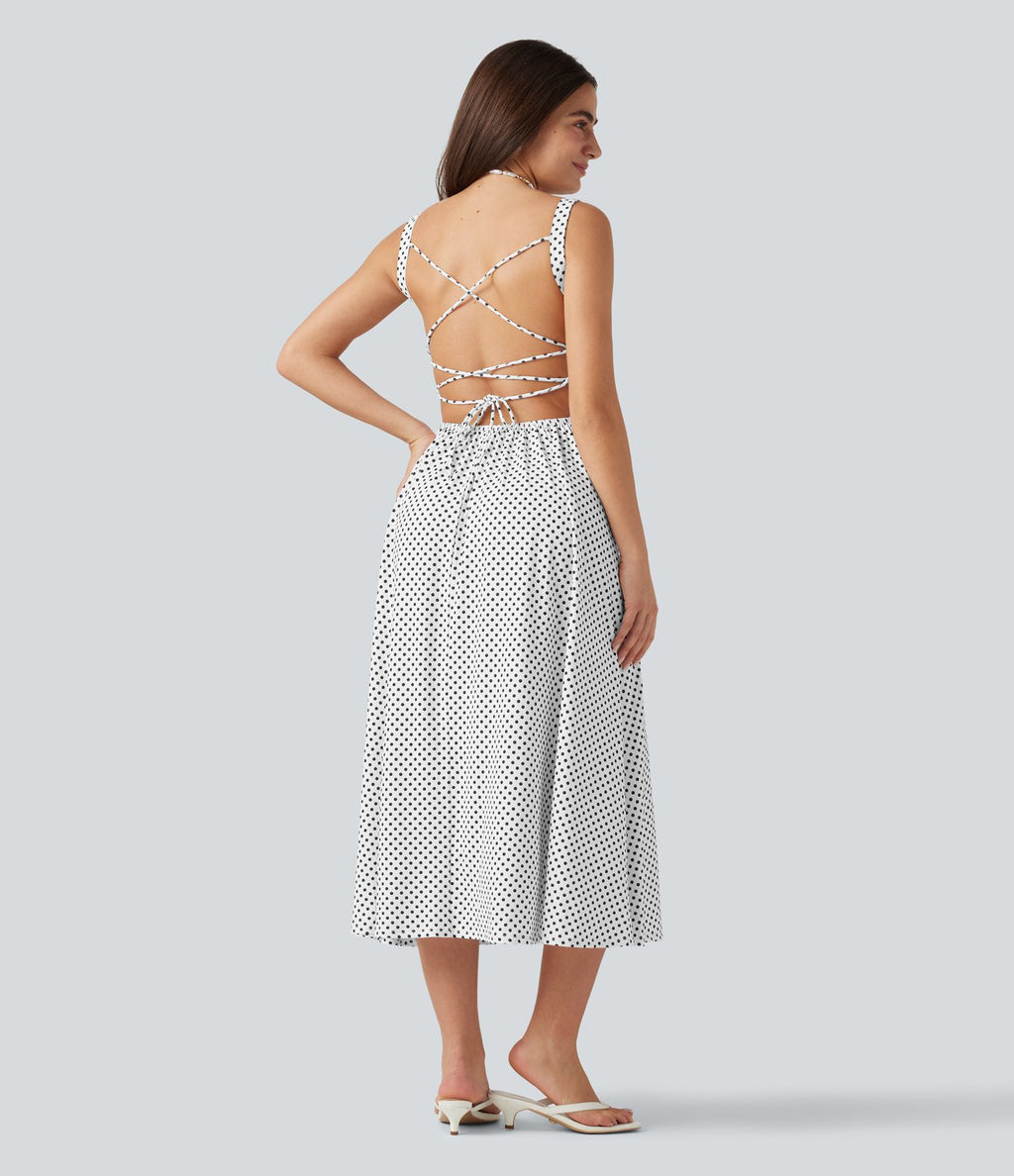 Robe midi fluide à pois à bretelles croisées dos nu col carré sans manches froncée avec soutien-gorge intégré