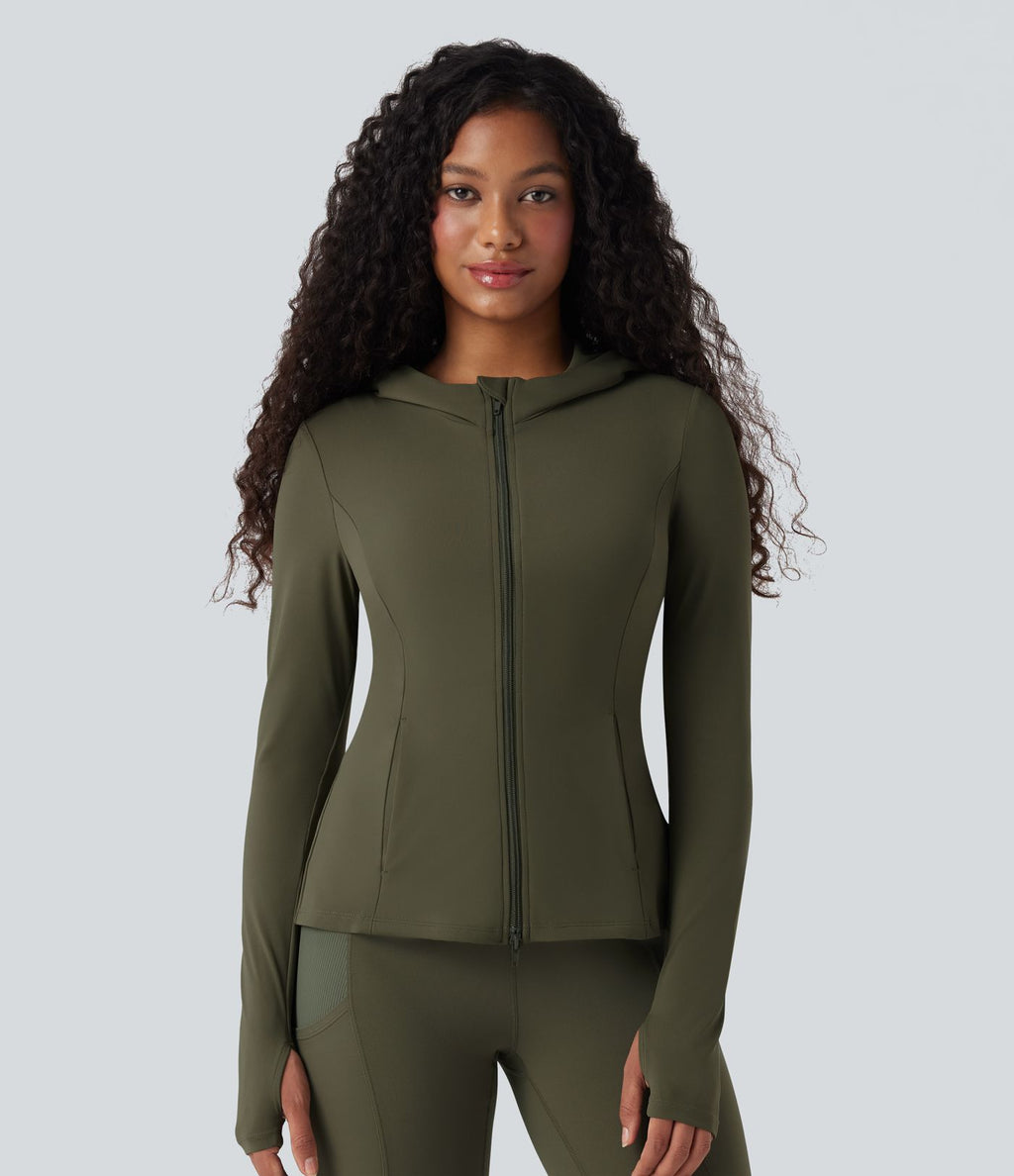 Veste SoftlyZero™ à capuche manches longues avec trous pouces détails plissés et poches-UPF50+