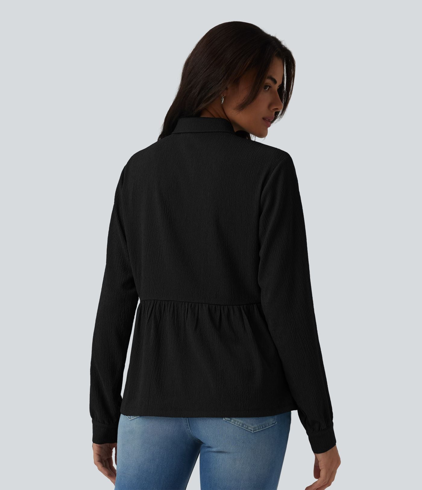 Chemise décontractée peplum à col manches longues avec ourlet à volants effet froissé et poches