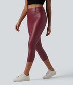 Legging corsaire casual taille haute extensible en simili cuir avec poches