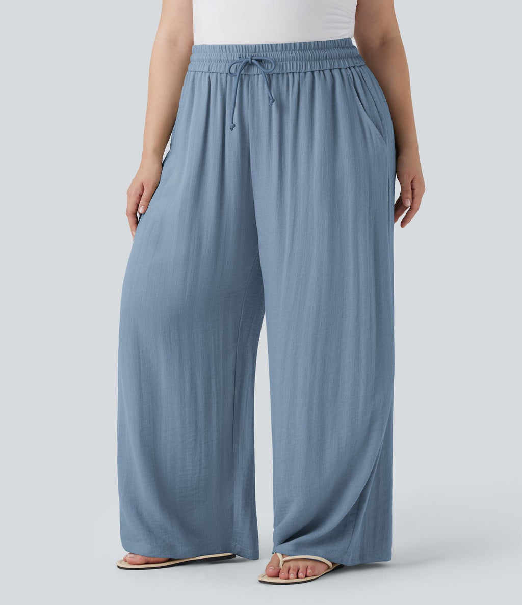 Pantalon décontracté grande taille large fluide taille haute effet lin avec cordon de serrage et poches