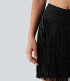Jupe mini moulante 2-en-1 en daim pour soirée, ourlet à franges croisé, taille haute — version longue