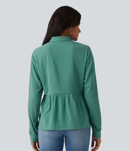 Chemise décontractée peplum à col manches longues avec ourlet à volants effet froissé et poches