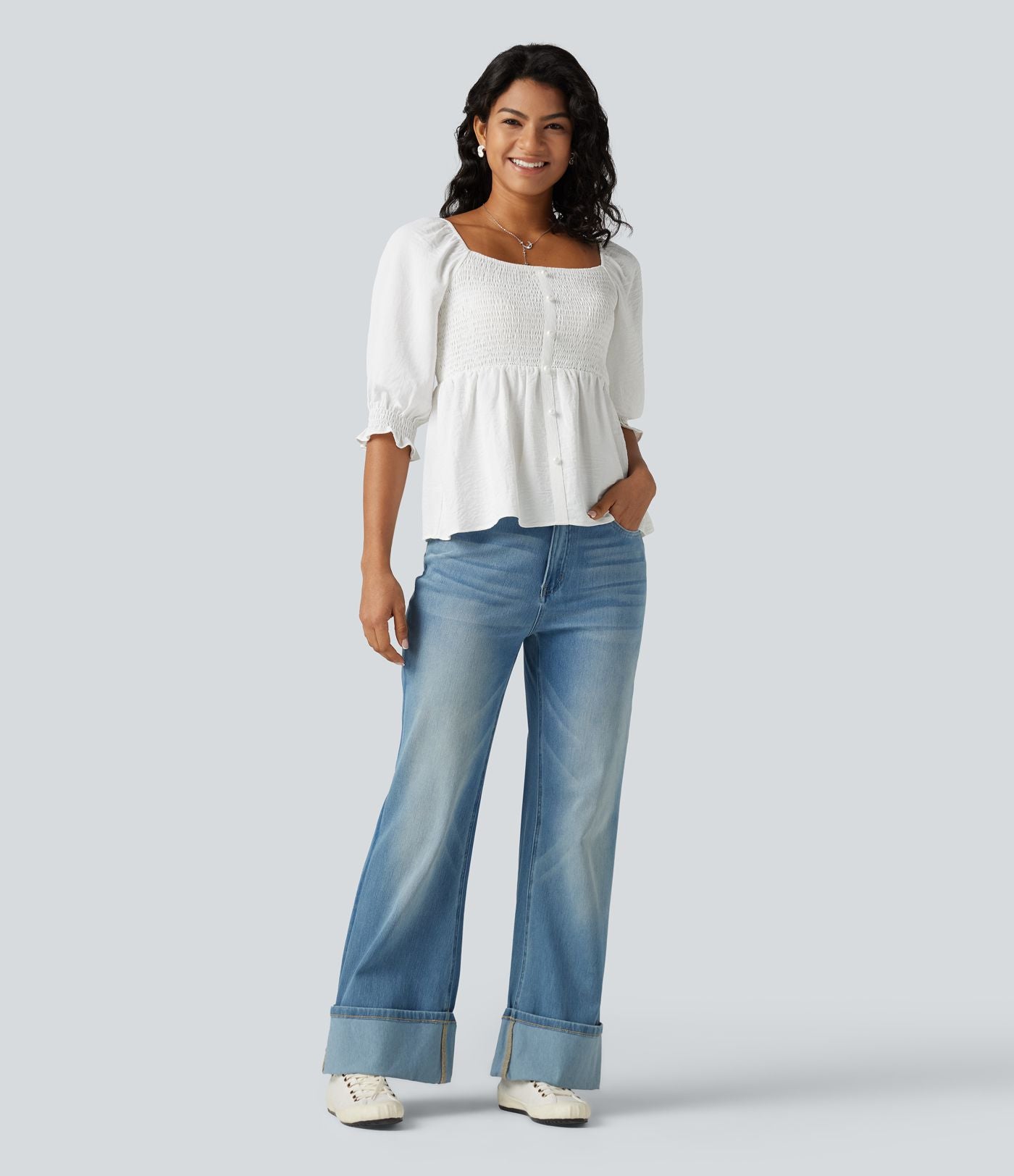 Blouse casual babydoll col carré à manches bouffantes mi-longues et détails froncés