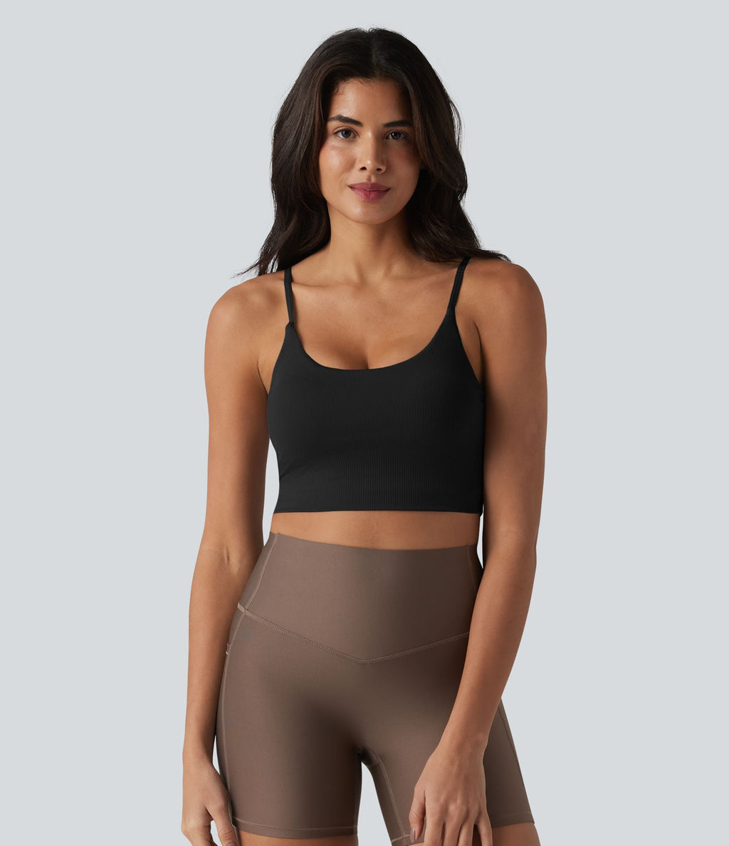 Brassière de sport de yoga en maille côtelée col U, maintien léger et soutien-gorge intégré
