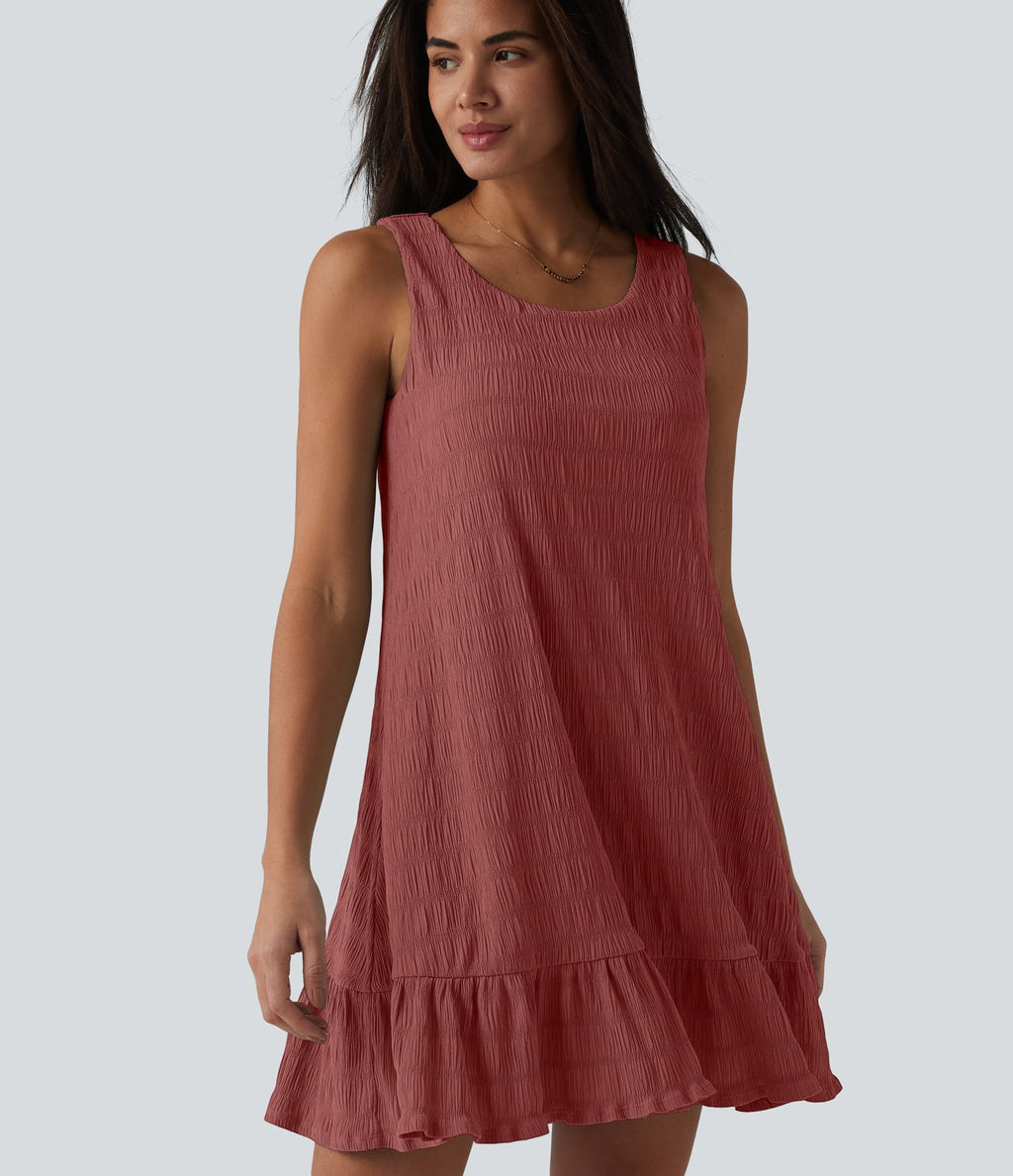 Robe courte décontractée sans manches à col rond, soutien-gorge intégré et ourlet à volants