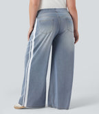 Halara Flex™ Jean large fluide taille haute à rayures délavé décontracté grande taille avec poches