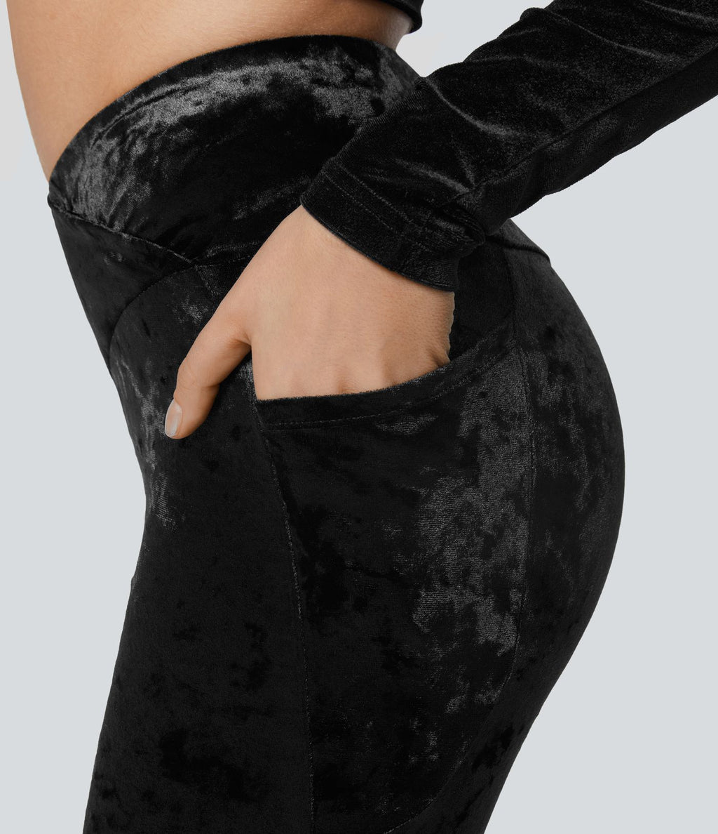 Legging de 7/8 Casual En Velours Avec Poche Latérale Croisée Taille Haute
