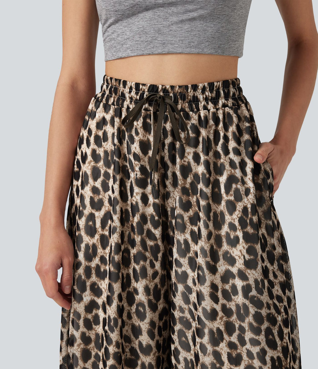 Pantalon léopard décontracté taille haute à cordon de serrage, coupe ample, en maille transparente avec poches