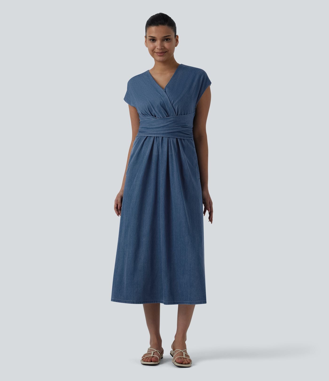 Robe mi-longue casual denim Halara Flex™ col V manches courtes avec nœud au dos et poches