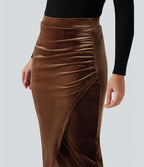 Jupe tulipe mi-longue velours taille haute