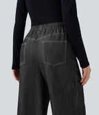 Pantalon décontracté large effet lin taille haute infroissable avec cordon et poches
