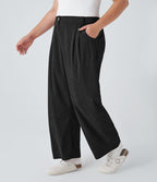 Pantalon Casual Grande Taille Velours Côtelé Taille Mi-haute Boutonnés Fermeture Éclair Poches Latérales