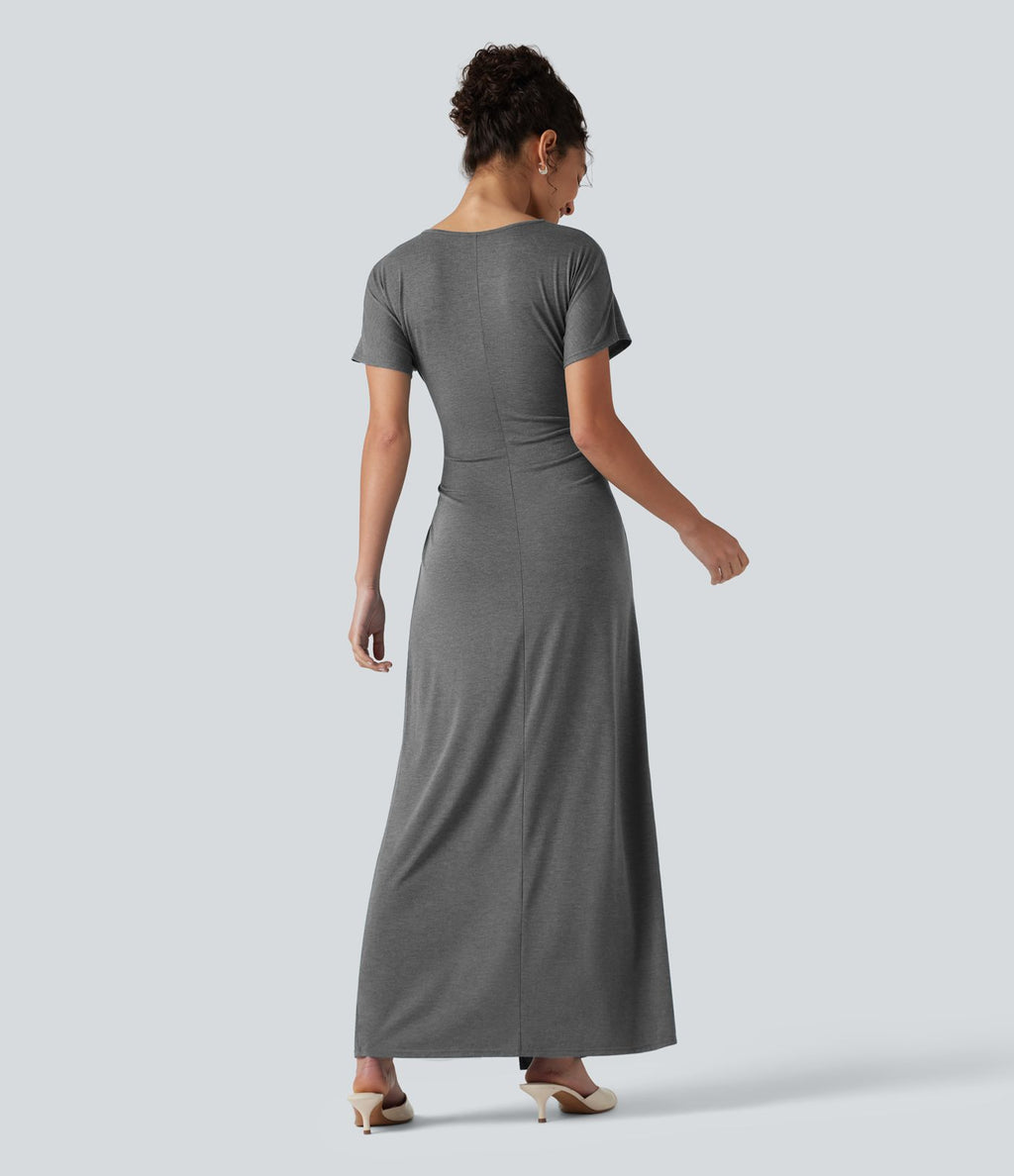 Robe longue moulante décontractée col V, manches chauve-souris, froncée avec fente