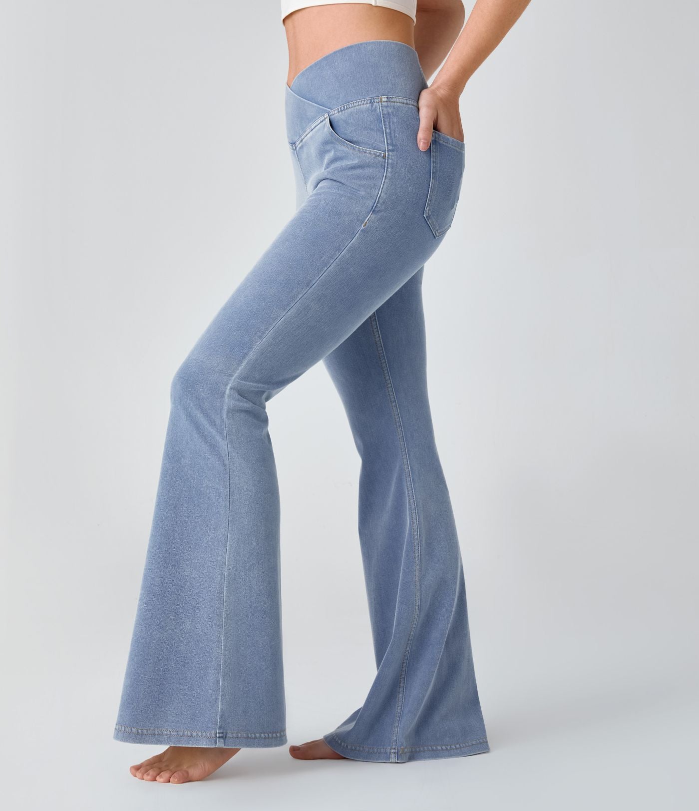 Jean super évasé Halara Flex™ décontracté maille denim extensible délavée effet frais InstantCool taille haute poches croisées